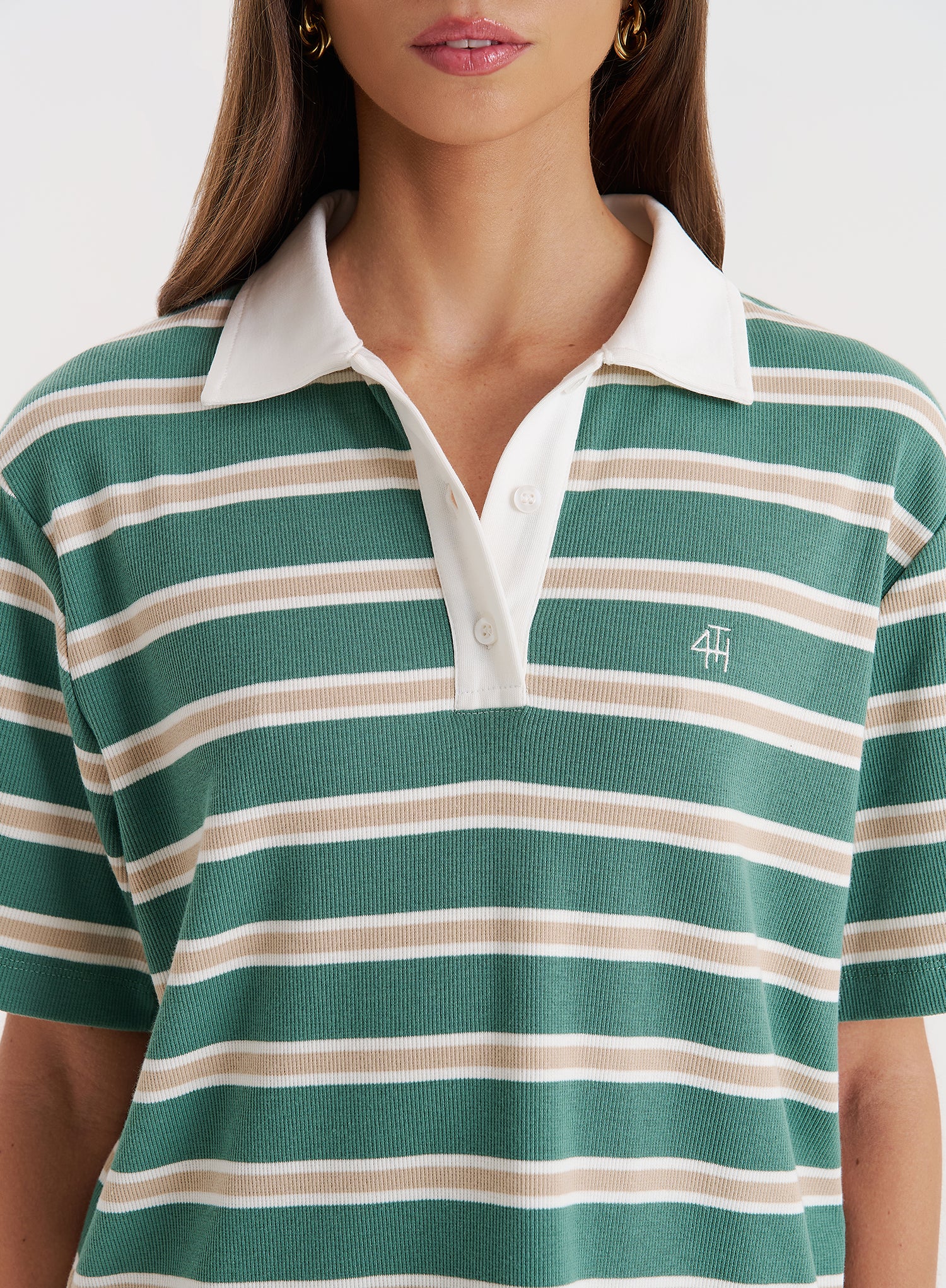 Green Stripe Short Sleeve Polo Top